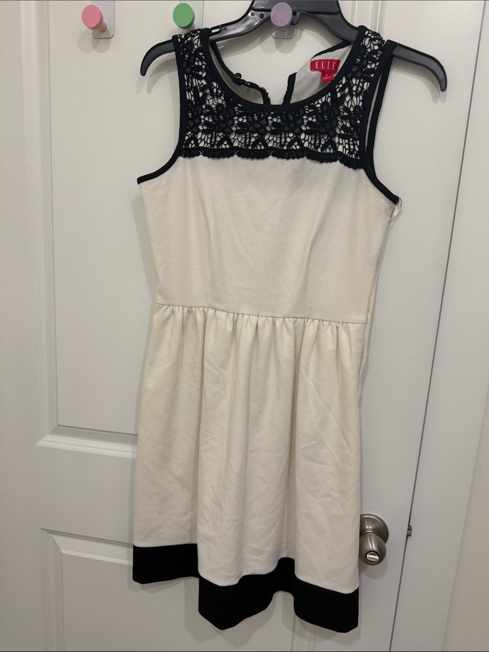 Elle Cream Dress with Black Lace Yoke and Hem